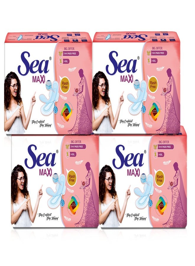 Sea Maxi Cotton Sanitary Pads for Women | Up to 100% Leakage Protection, Locks Odour & Wetness | Ultra Hygiene, Rash Free Cotton Soft | Pack of 60 (60 pcs Maxi XXL) - Image 1